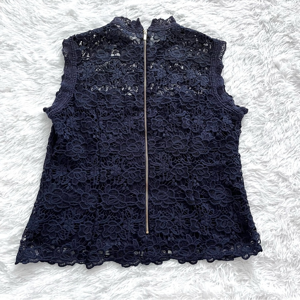 Nanette Lepore | Navy Blue Floral Lace Shell Sleeveless Top - Picture 8 of 9